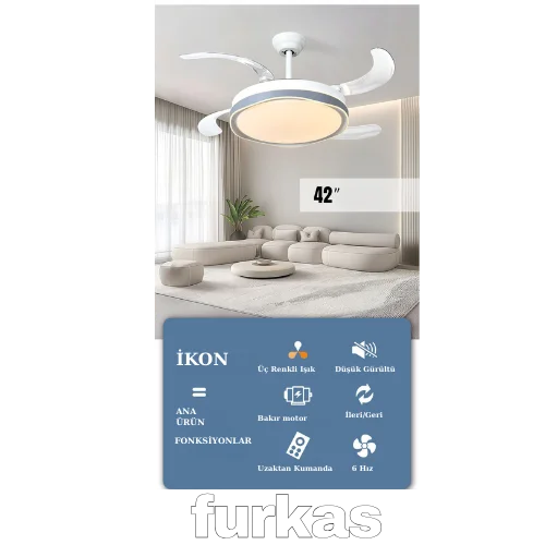 Modern çizgilere sahip, aydınlatmalı ve gizli kanatlı End tavan vantilatörü genel görünüm