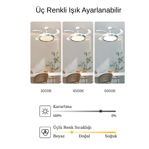 Modern iç mekanlara uyum sağlayan tavan vantilatörü renk alternatifleri