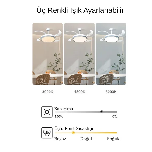 Tavan vantilatörü renk alternatifleri ve malzeme yapısı detaylı gösterim