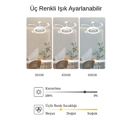 Gizli kanat kumandalı ürünün renk ayarları ve aydınlatma özellikleri.