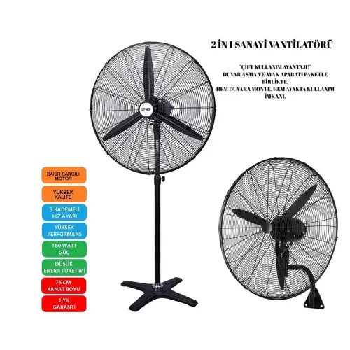Ayaklı ve duvara monte edilebilen 30 inç battal boy sanayi tipi vantilatör, 180W güçlü motoruyla