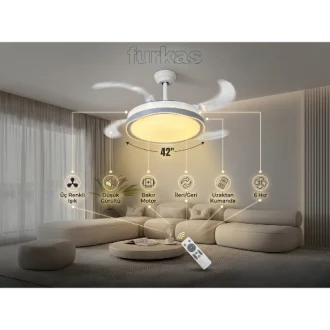 Tavan Vantilatörü & Gizli Kanatlı, Aydınlatmalı, 3 Işık Modlu, Kumandalı